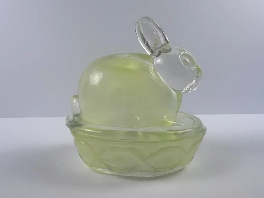 Yellow Rabbit Vanity Trinket Jewelry Storage Dish Bowl Glass Lidded Bunny